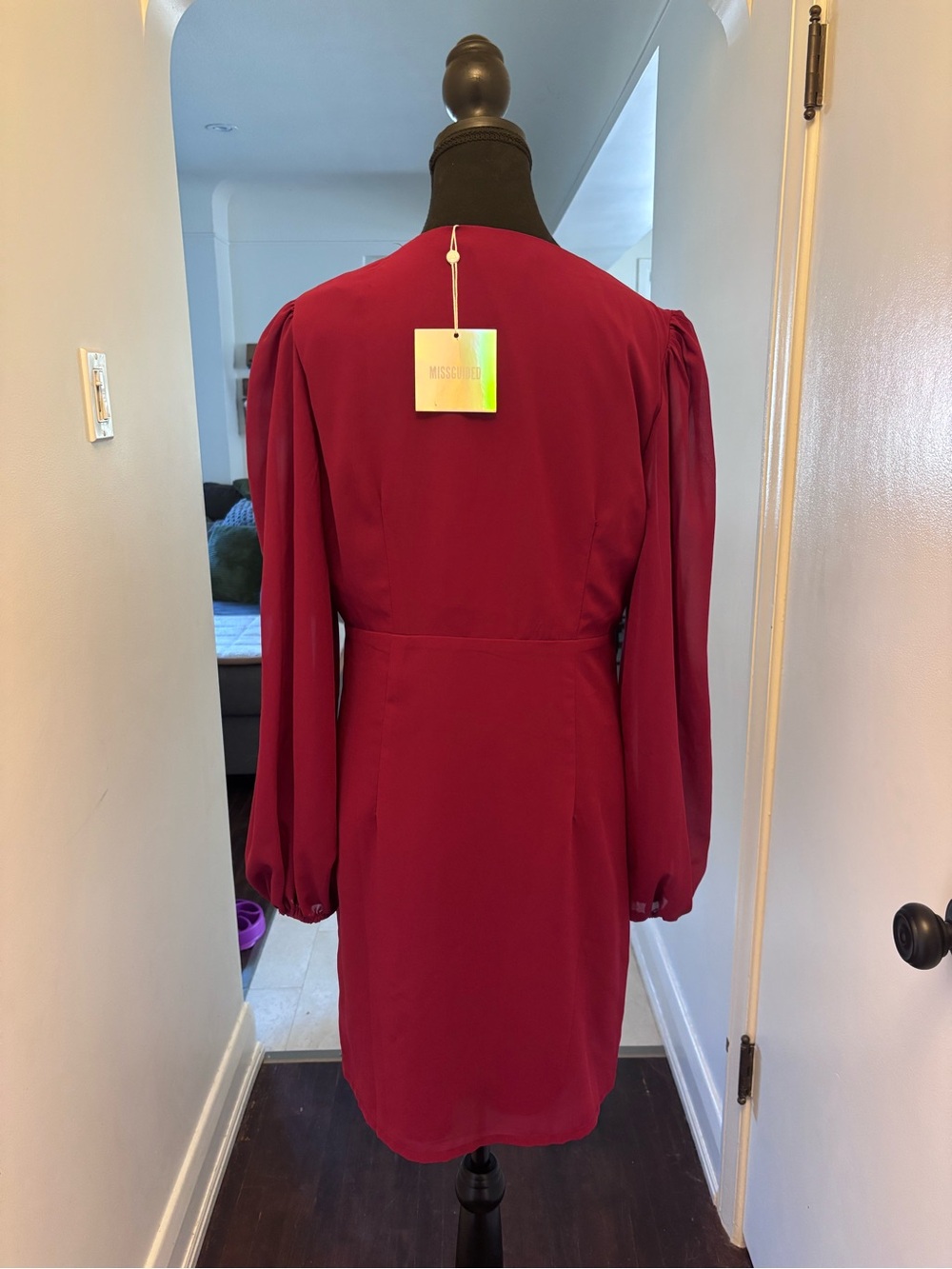 Missguided Burgundy Plunge Long Sleeve Mini Dress - Picture 6 of 13